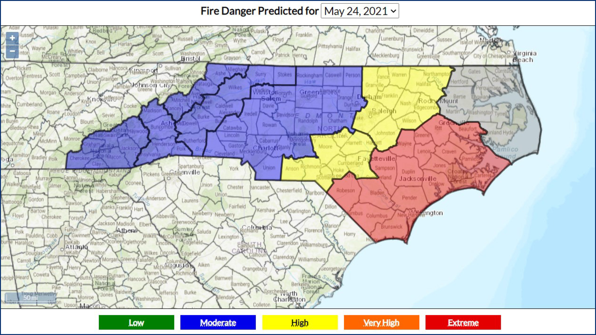 North Carolina Fire Danger map