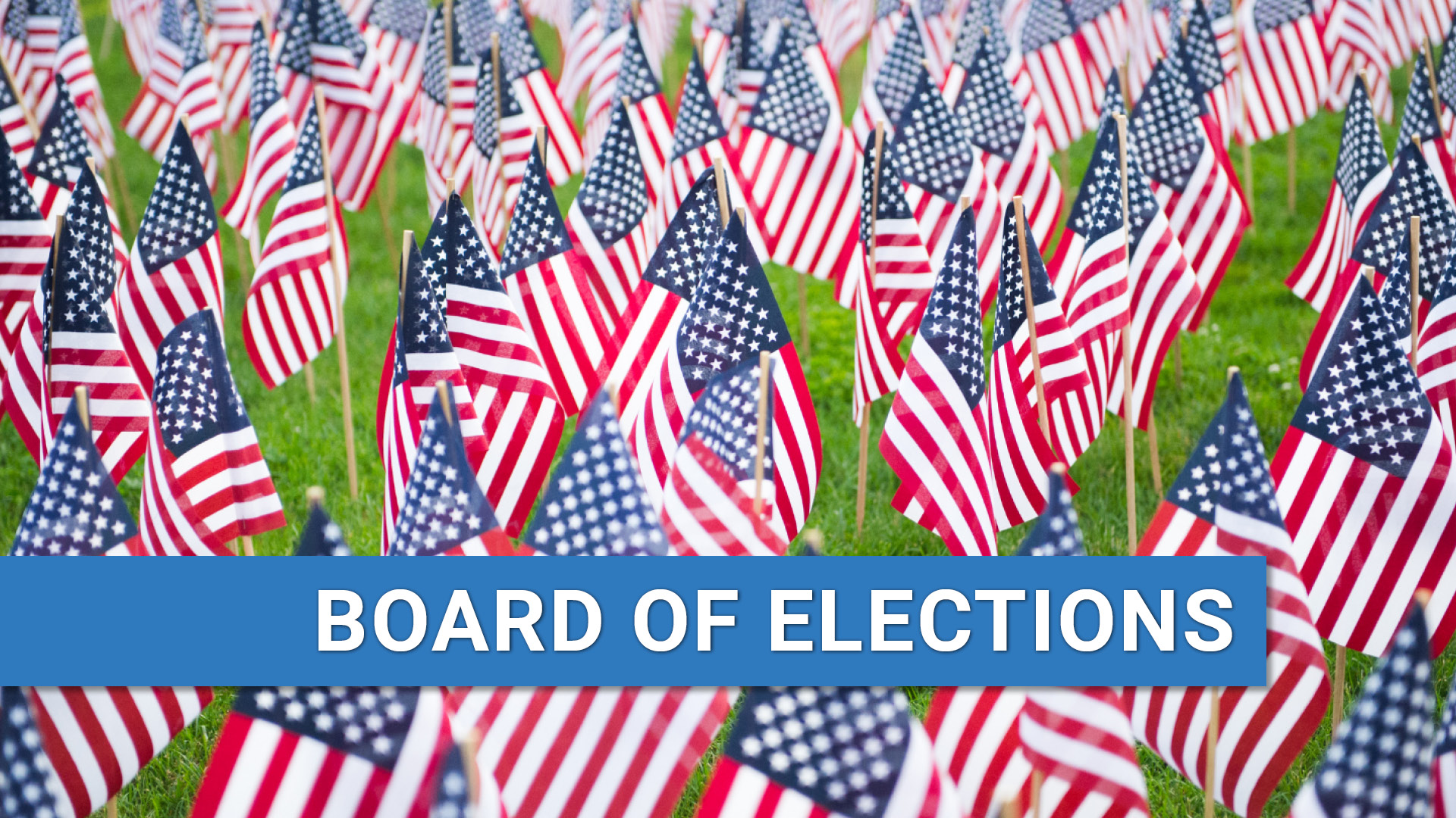 Close up of American flags in a field with text: Board of Elections.