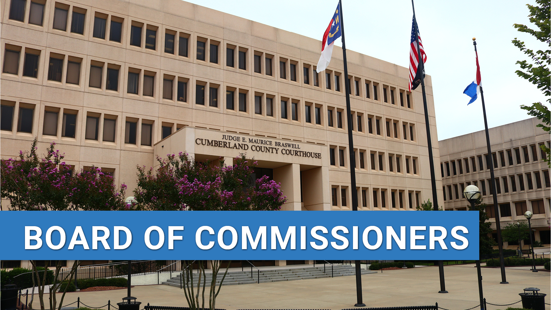 Exterior of the Cumberland County courthouse with text: Board of Commissioners.