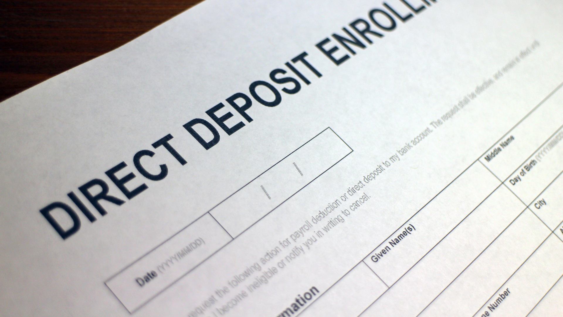 Close up of document with text: Direct deposit.
