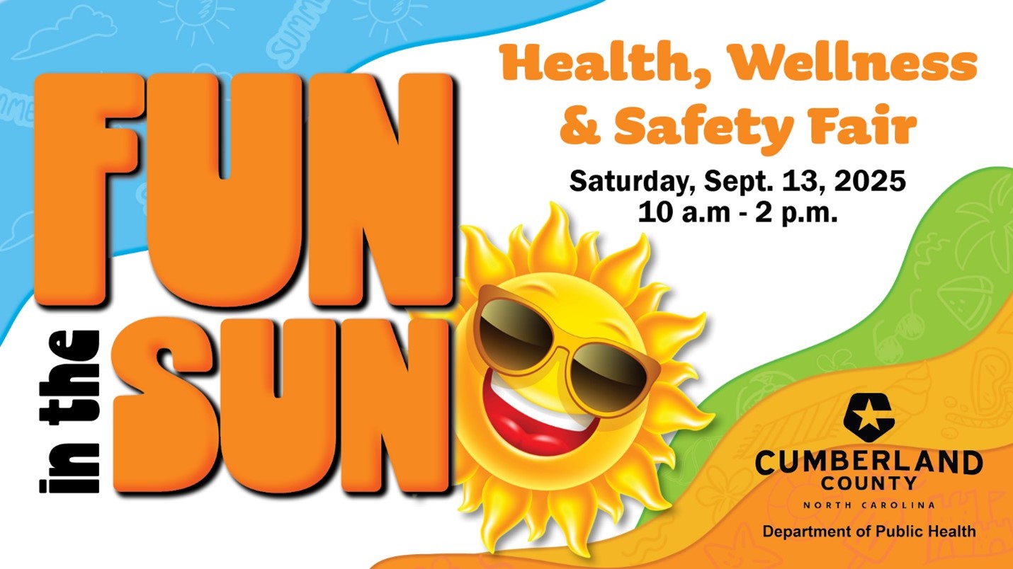 Bright banner with smiling sun and text: “Fun in the Sun Health, Wellness & Safety Fair: Sept. 13, 2025.”