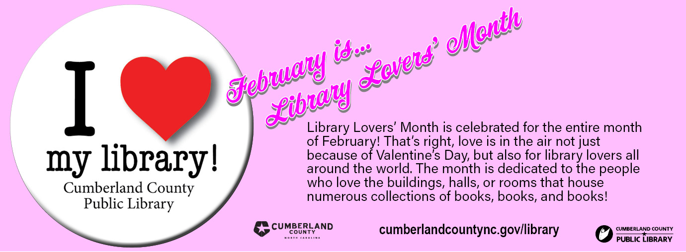 I Heart My Library circular button graphic on a pink background promoting Library Lover's Month in February