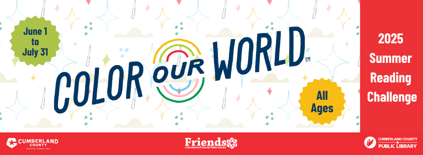 Colorful banner with text: “2025 Summer Reading Challenge – Color Our World – All Ages – June 1 to July 31.”