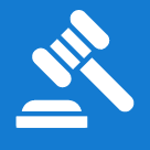 White gavel icon on square blue background.