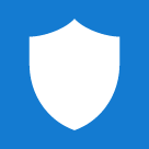 White shield icon on square blue background.
