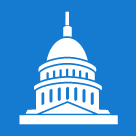 White icon of a capitol dome on square blue background.