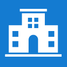 White building icon on a square blue background.